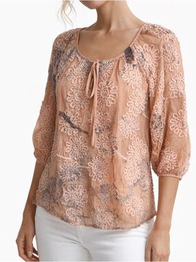 Cubism LA Tunic Top Sheer Embroidered Abstract Floral Pink Peach Blue Grey S/M